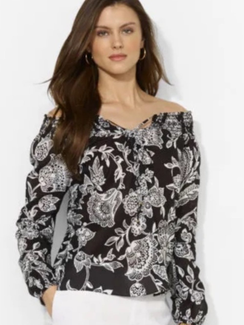 Lauren Ralph Lauren Black/White Floral Smock Tie-Neck Off-Shoulder Top